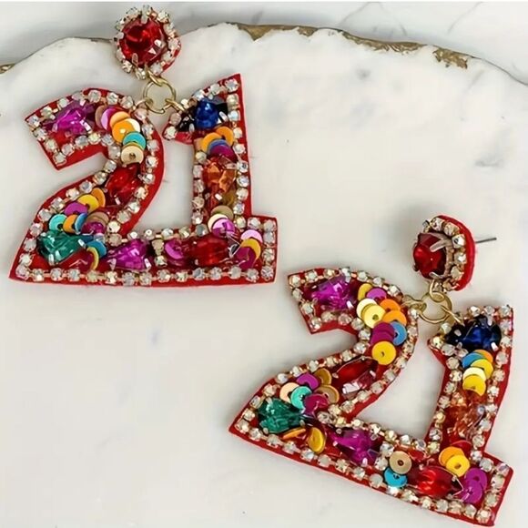 21st BIRTHDAY party sequin cute fun whimsical earrings - Picture 3 of 7